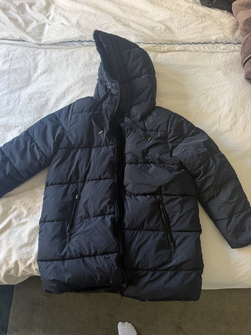 Sebby Collection Hooded Faux Fur Lined Puffer Jacket Navy Size L